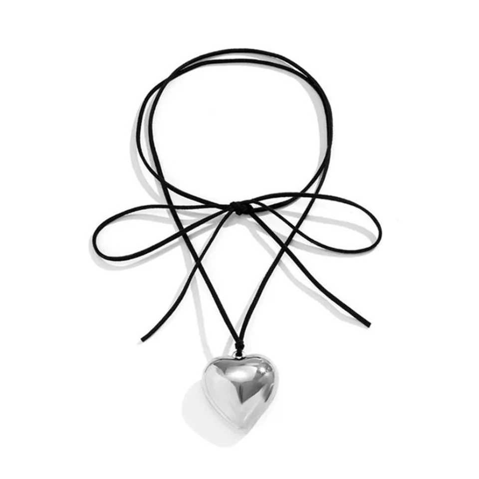 Exaggerated Black Velvet Large Heart Pendant Necklace Womens Knot Bow Adjustable Rope Chain Jewelry Wedding Accessories W250318