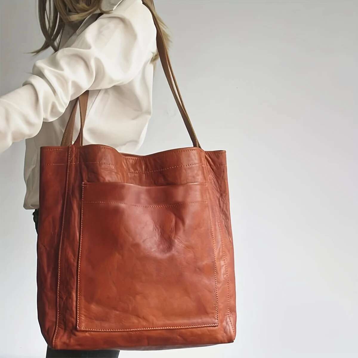 Large Capacity Tote Fashion Retro Faux Leather Shoulder Bag, Women's Simple Versatile Casual Handbag & Purse
