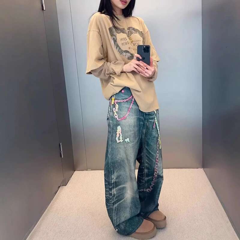 DEAT Women's Fashion Straight Printed Casual Denim Pants Spring New Arrival Female Long Chain Gradient Jeans Trendy 11A03657