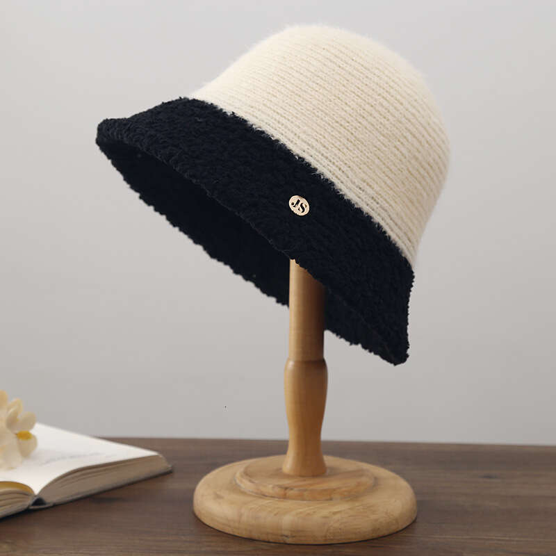 Splicing Women's Autumn Winter Plush Fisherman's Korean Edition Warm Knitted Bucket Fashionable Face Showing Small Hat Trendy