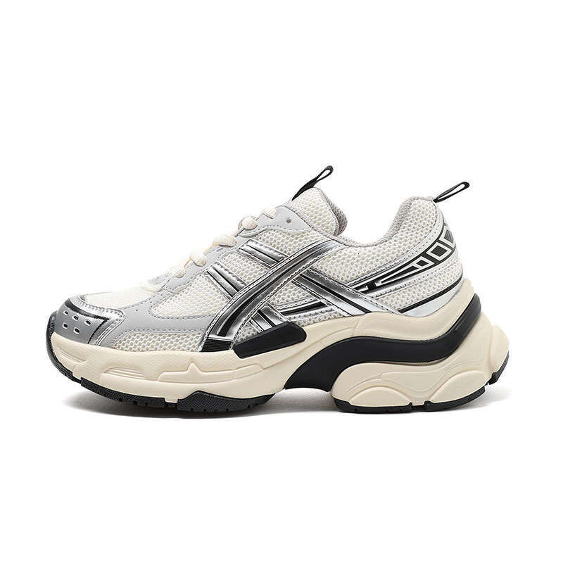 Genuine leather casual dad shoes, women's silver 2025 spring and autumn new versatile mesh thick sole, increased anti slip sports shoes