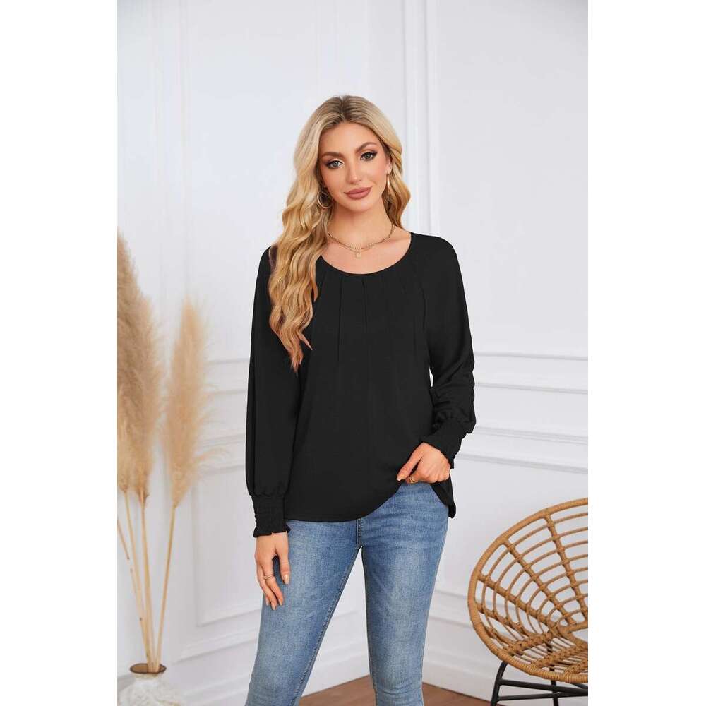autumn winter popular European American women's round neck pleated long sleeved casual top T-shirt 2025 new style chic and elegant clothing