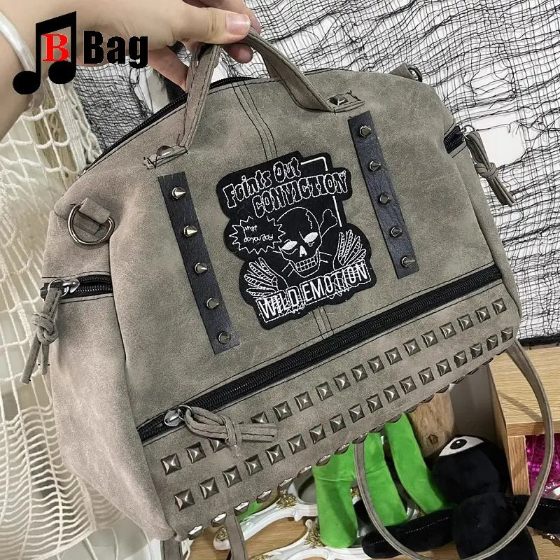 Y2k Girl Vintage Harajuku Punk Gothic Skeleton Rivet Womens Versatile Fashion Backpack Casual Large capacity Two Shoulders bag 250318