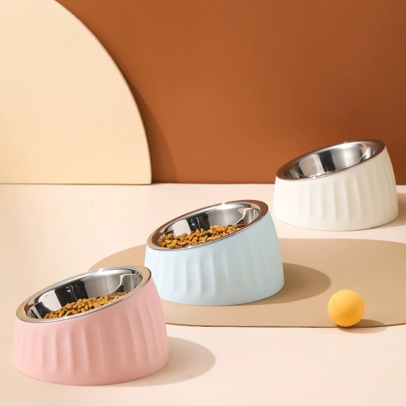 Stainless steel bowl with slanted mouth, knock and anti slip, dog plastic feeding, cat basin, pet bowl, supplies, tableware