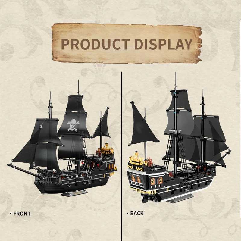 1424PCS Black Pirate Ship Building Blocks Skeleton Ghost Boat Model Assembly Bricks Toys Desktop Decoration Kids Holiday GiftsXJ250318