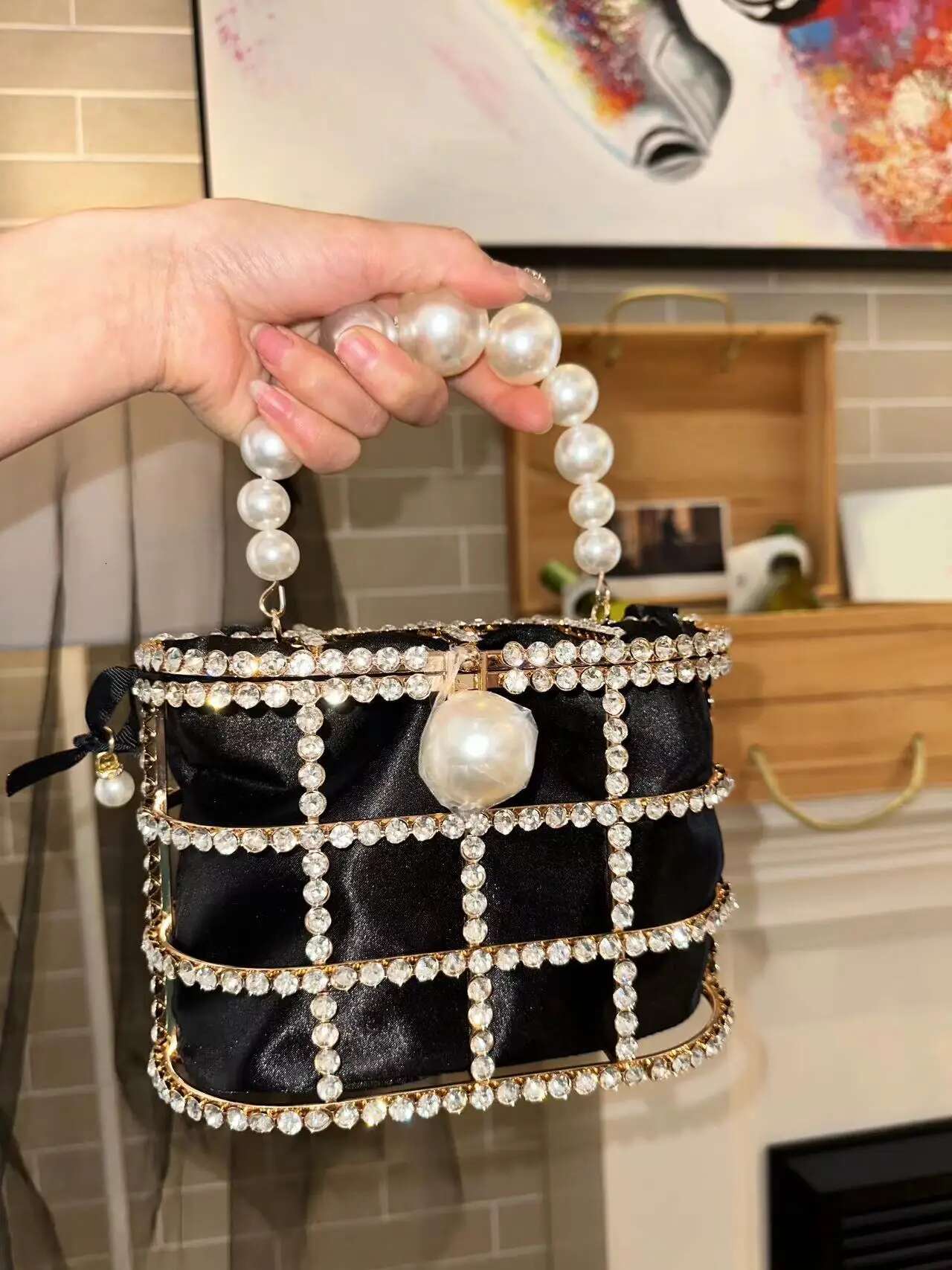 Gold Metal Cage Shiny Rhies Dia Evening Pearl Beaded Women Handbag Wedding Party Clutch Purse Crossbody Bag