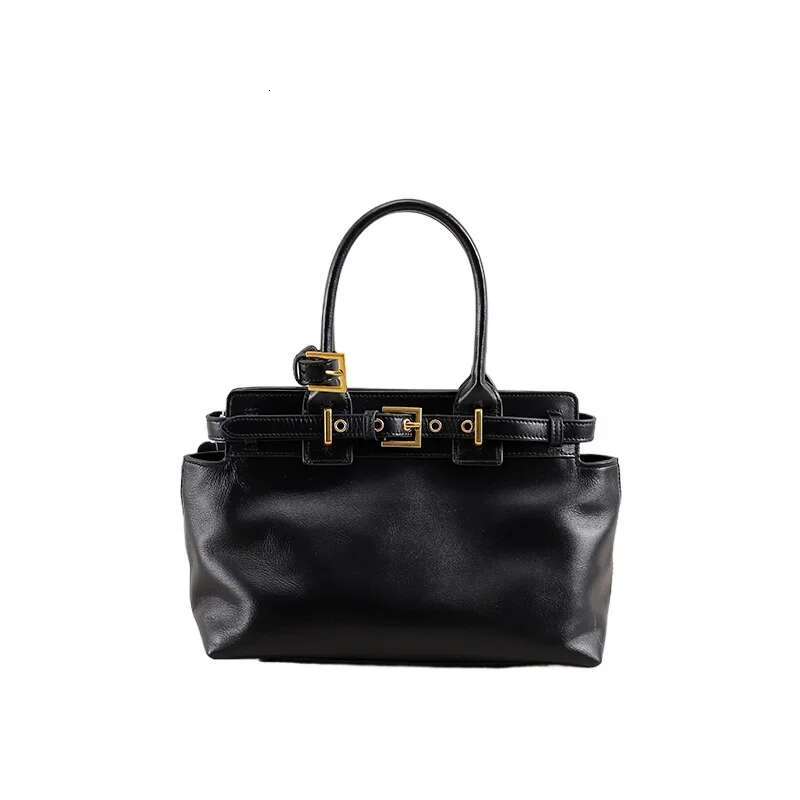 New Leisure 2025 Handbag High-End Glossy Oil Wax Cowhide Leather Women Tote Kakhi Office Ladies Commuter Cowskin Shoulder Bag
