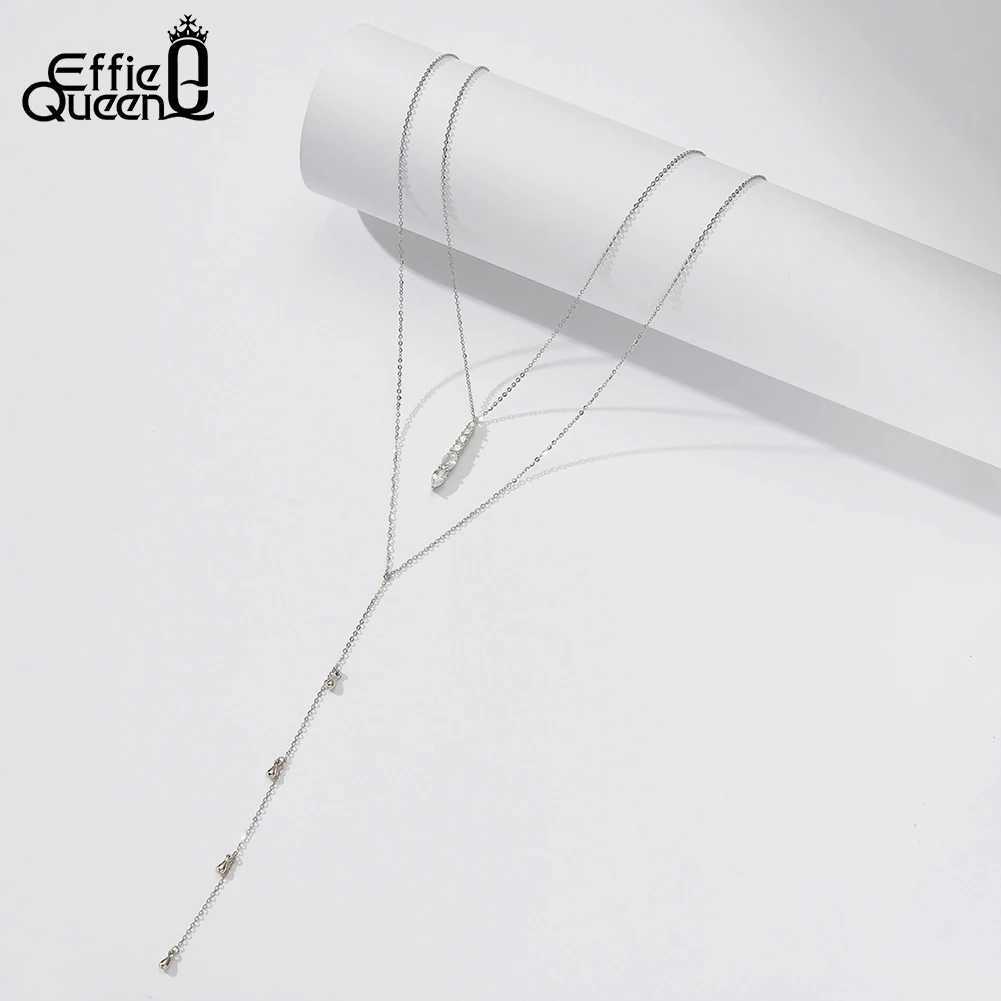 EFFINE QUEEN 925 sterling silver elegant Y-shaped pendant necklace double layered O-chain with radiating cubic zirconia gift BQN11 W250318