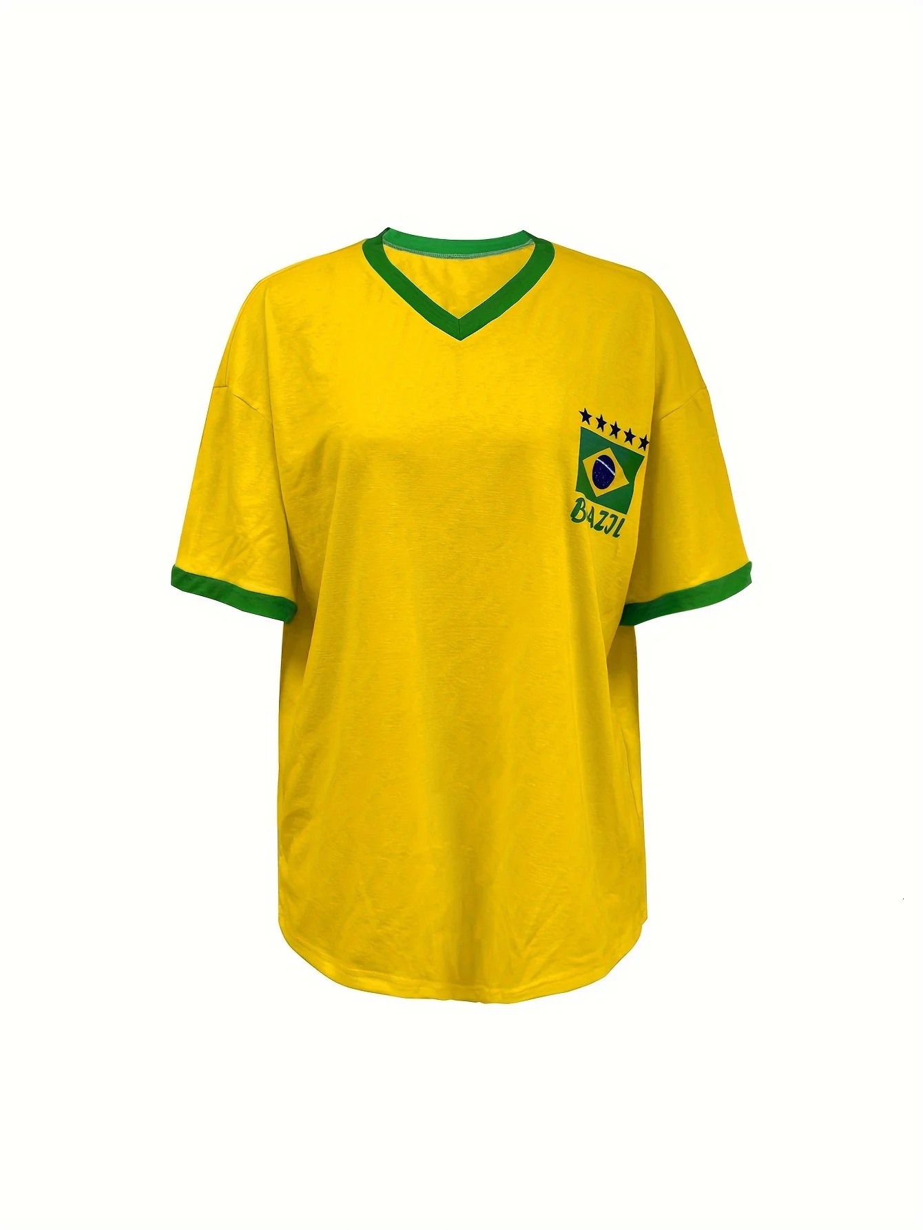 Vibrant Color Block Short Sleeve V-Neck T-Shirt Summer Brazil Flag Womens Casual Fashion Tops Harajuku Streetwear Women Clothing 250317 - view 4