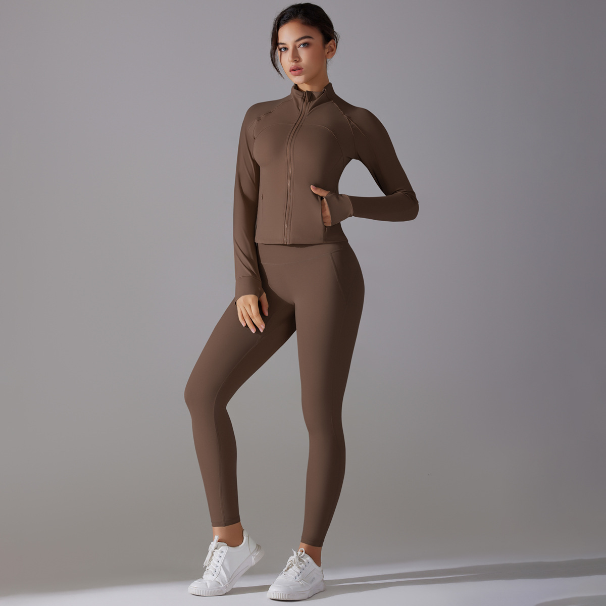 New leggings solid color antibacterial non wearing underwear zipper jacket yoga suit set, sports running fitness two-piece set tracksuit