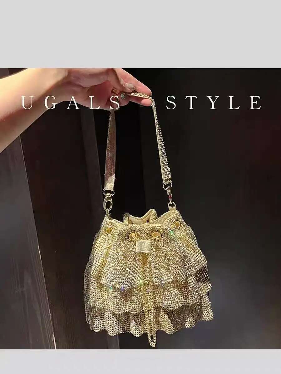 Glitter Dia Pleated Skirt Women Handbag Rhies Evening Bucket Clutch Purse For Wedding Party Shoulder Bag
