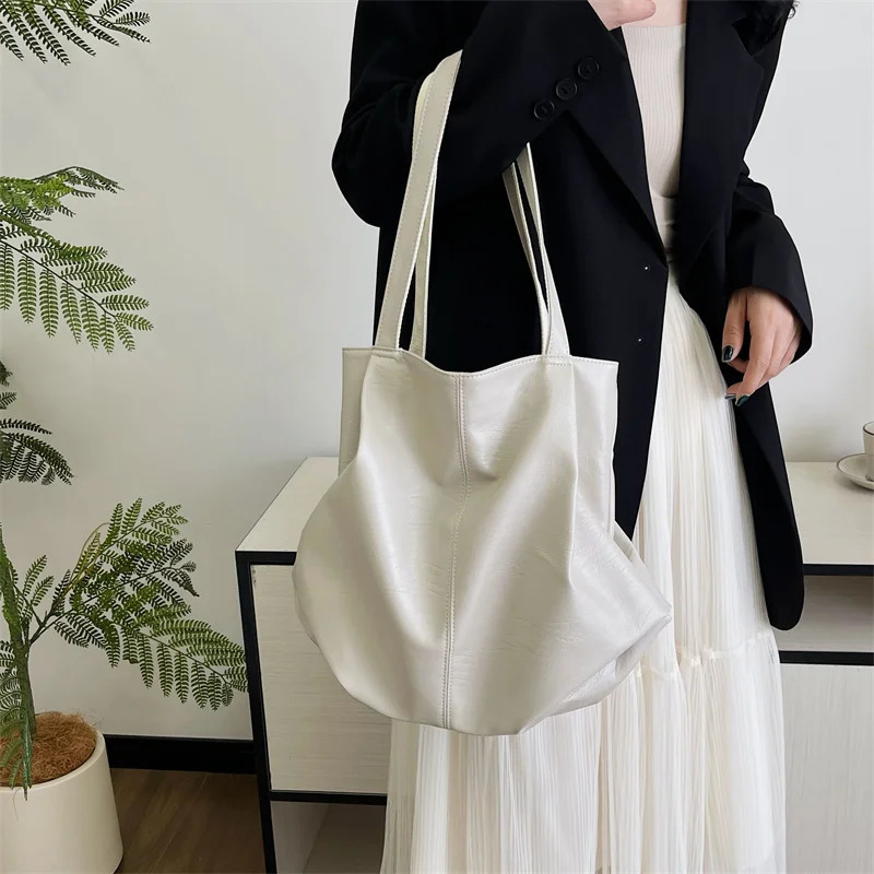 Solid Color Pu Leather Tote Bag Fashionable Shoulder Bag for Women 2025 Perfect for School Office and Shopping Large Capacity R250318