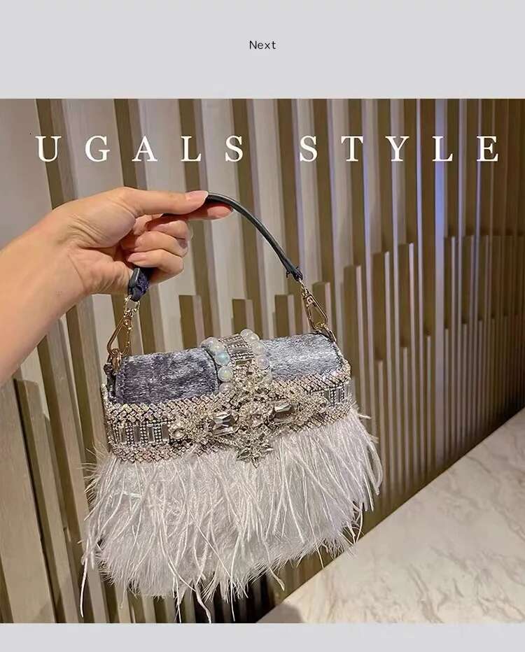 Ostrich Hair Veet Crystal Rhie Dia Evening Women Handbag Wedding Party Clutch Purse Crossbody Bag