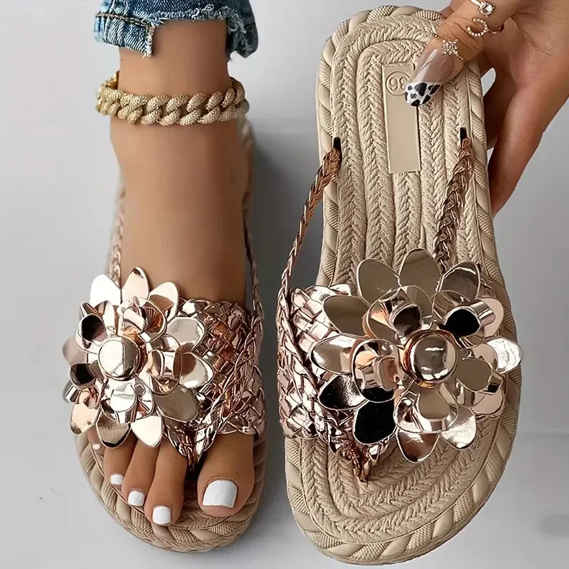 Women Slippers Fashion Casual Slippers Vacation Holiday Braided Floral Pattern Sandals Toe Post Beach Flip Flops Slides Women 250318