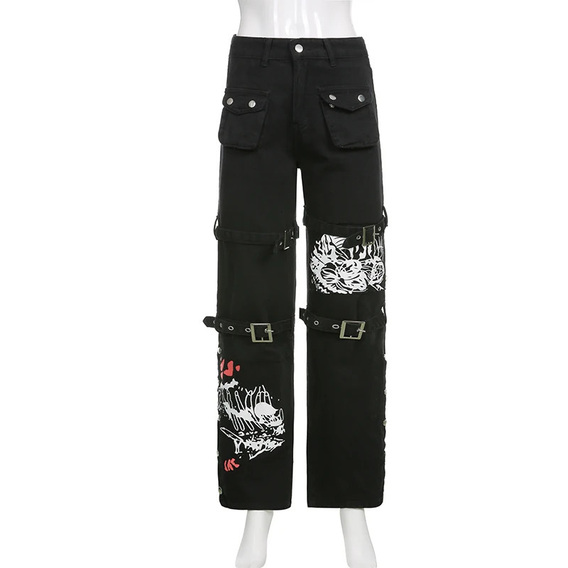 Egirl Gothic black cargo pants womens low rise jeans pants Y2K Grunge retro hiphop punk Harajuku streetwear 250305
