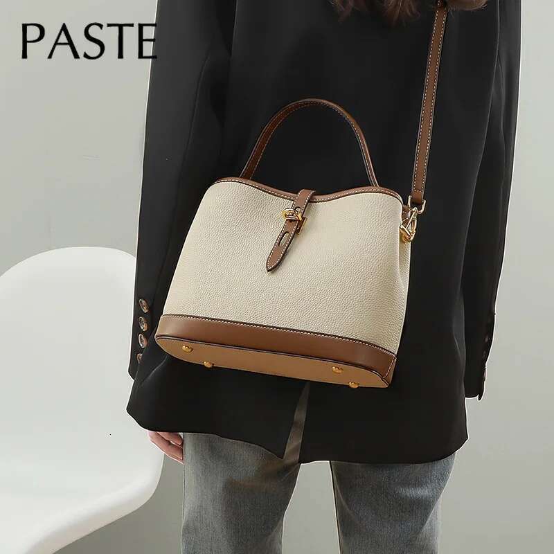 New Hit Color Retro Style Bucket Tote Cowhide Leather Women Handbag Brown Leisure Brand Design Ladies Shoulder Bag