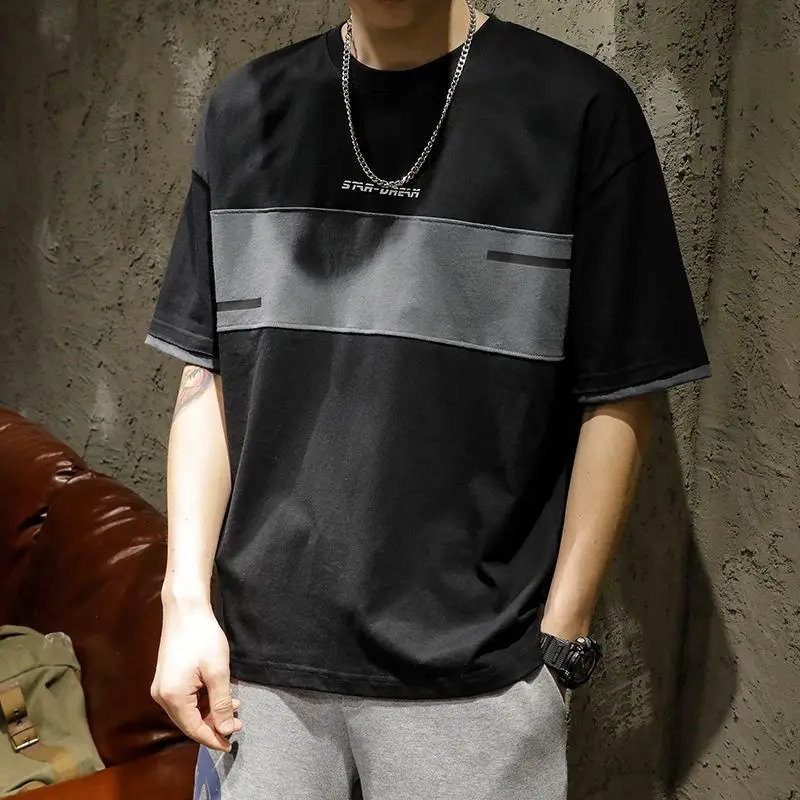 Fashion O-neck splicing printed letters full matching T-shirt for mens wear summer loose Korean style top casual T-shirt 250317