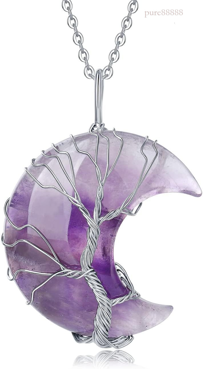 Women's New Moon Pendant Tree of Life Metal Wire Wrapped Crystal Necklace Natural Quartz Jewelry Women and Men