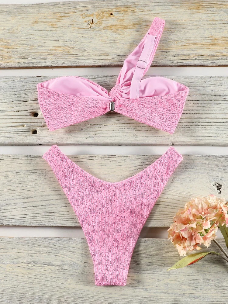 Miyouj One Shoulder Bikinis Push Up Swimwear Women Three Piece Suit Bathing Suit Beach Wrap Solid Color Beachwear 250318