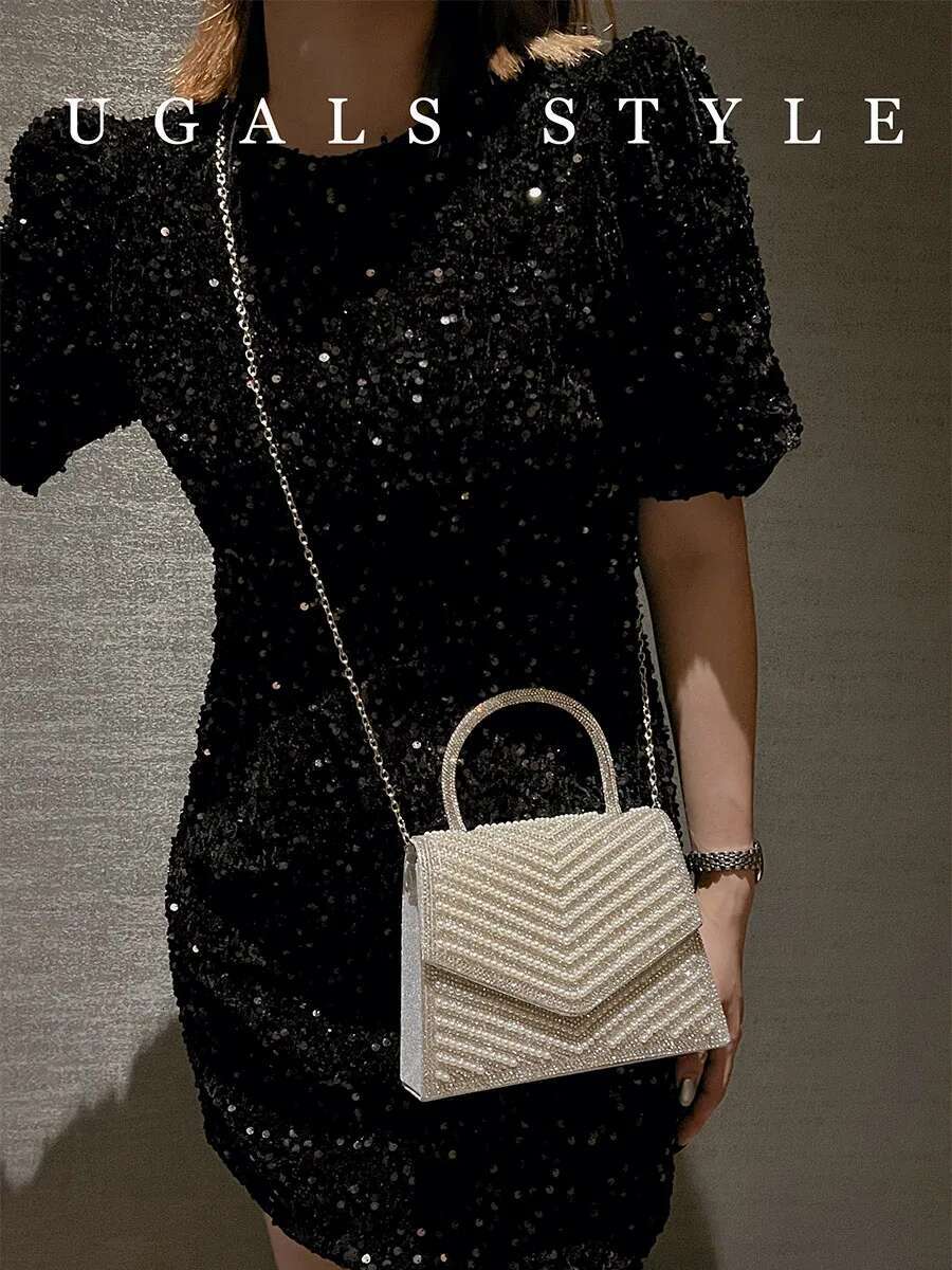 Fashion Pearl Beaded Women's Handbag Glitter Rhies Dia Evening Wedding Party Clutch Purse Shoulder Messenger Bag