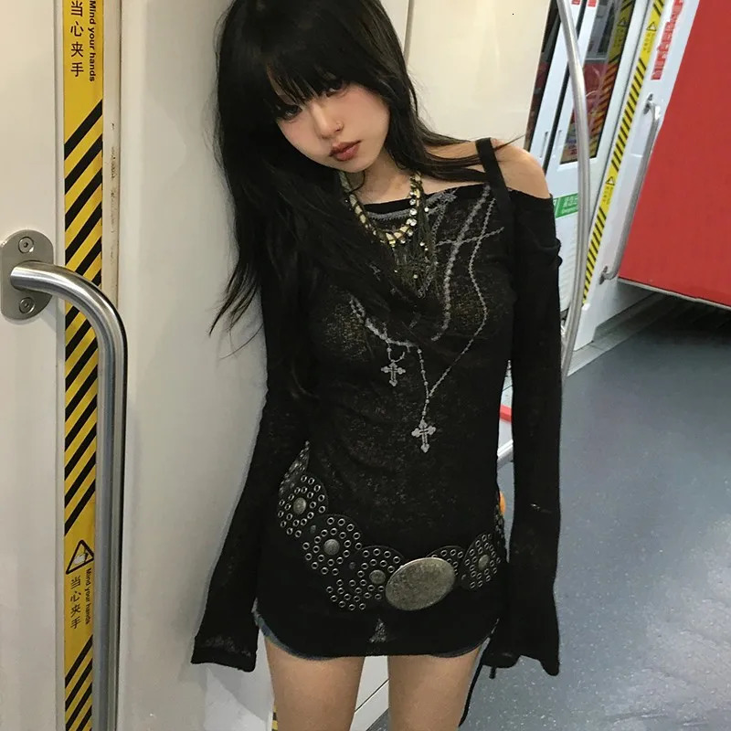 Karrram Japanese Y2k Knitted Tops Grunge Tattoo Print Long Sleeve T-shirt Ribbed Vintage Harajuku Shirring Knitwear 2000s Gothic 250318