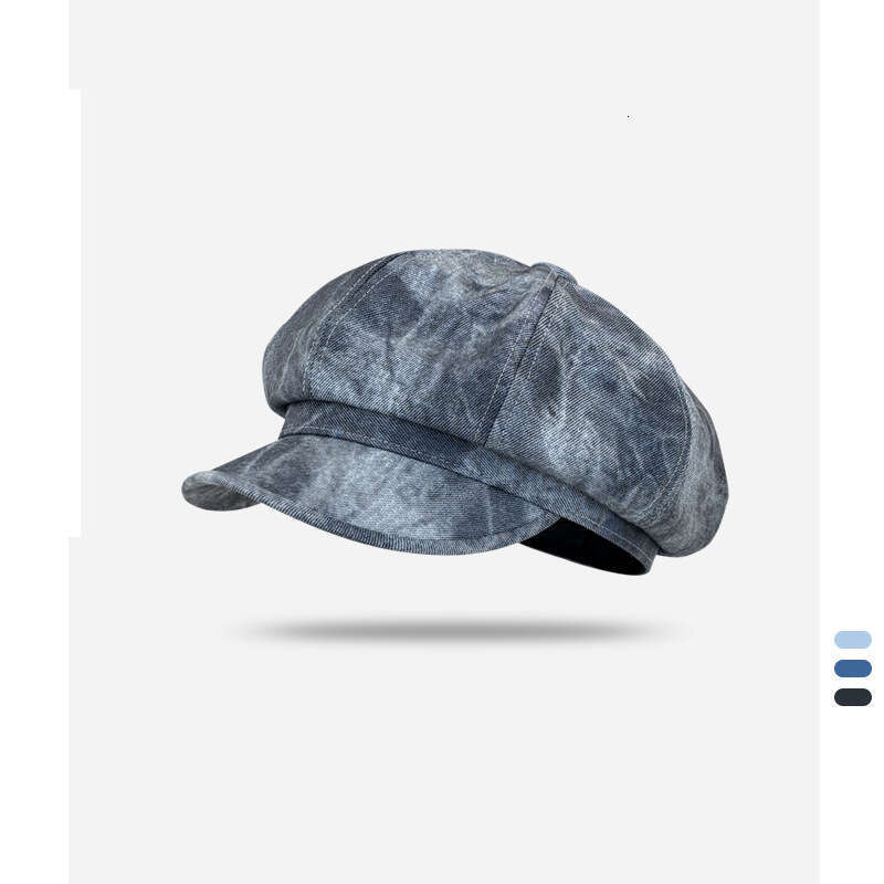 Blue tie dye octagonal for women with a prominent face, duckbill tongue, beret, big head circumference, children's hat, washed painter's hat