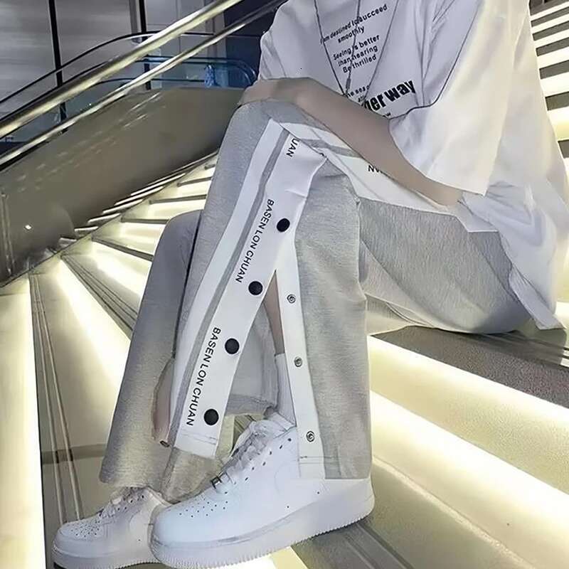 Y2k Style Wide Leg Straight Trousers High Street Casual Loose Side Button Sweatpants Vintage Women's Pants Streetwear