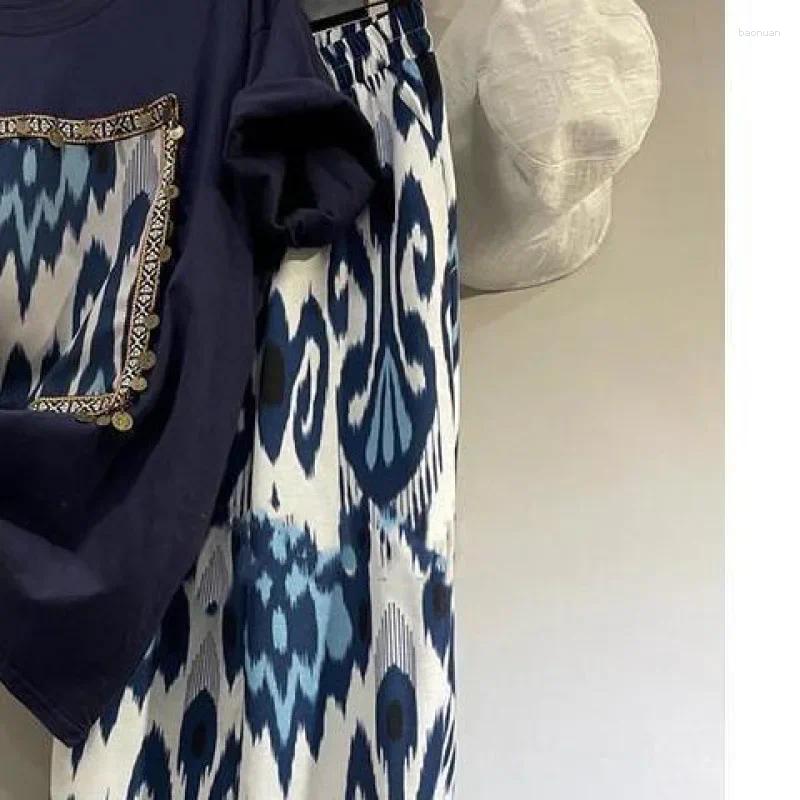 Womens Tracksuits Summer Two Piece Set 2025 Women Clothing Print Short Sleeve Tshirts High Waist Chiffon Wide Leg Pants Outfits Casual