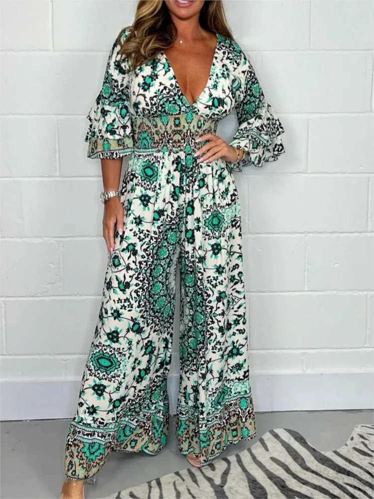 Womens sexy V-neck jumpsuit fashionable printed wide leg high waisted pants jumpsuit womens casual and elegant bohemian womens dress summer new style 