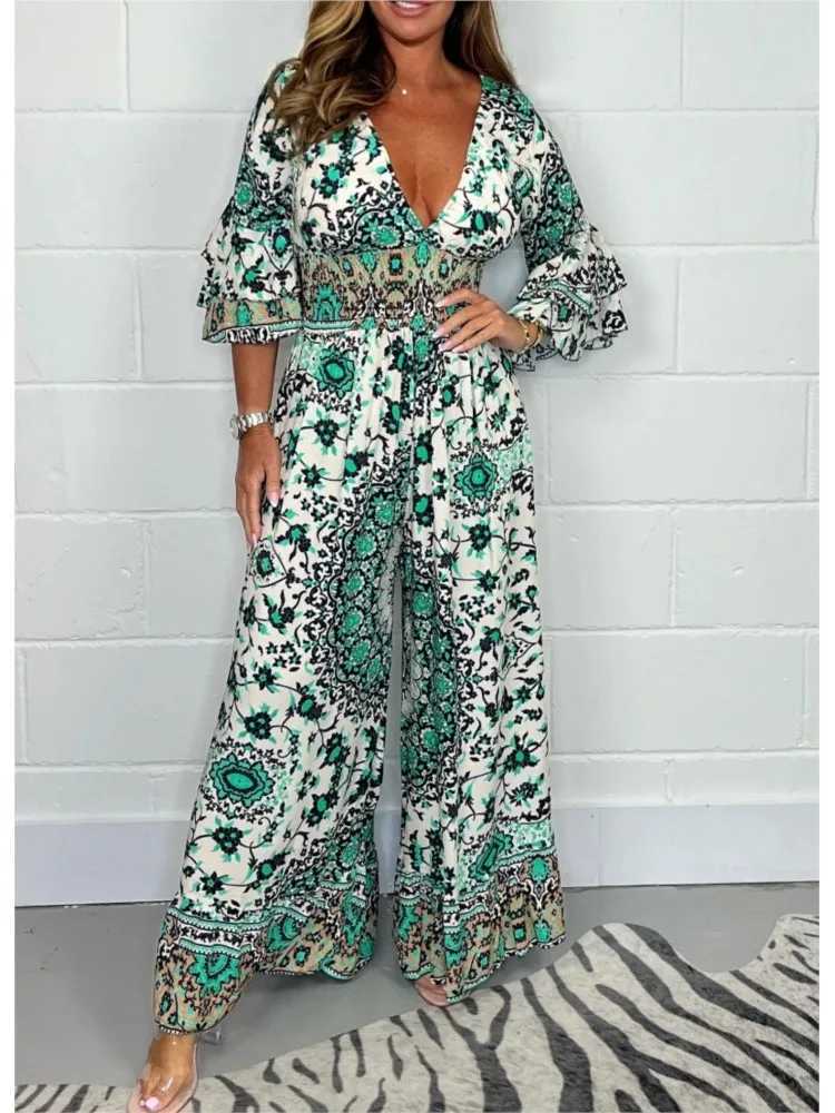 Womens sexy V-neck jumpsuit fashionable printed wide leg high waisted pants jumpsuit womens casual and elegant bohemian womens dress summer new style 