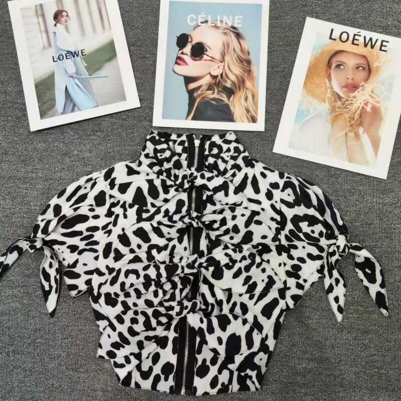 2024 Summer New Animal Pattern Knot Decoration Short Sleeve Top Round Neck Strap Up Shirt