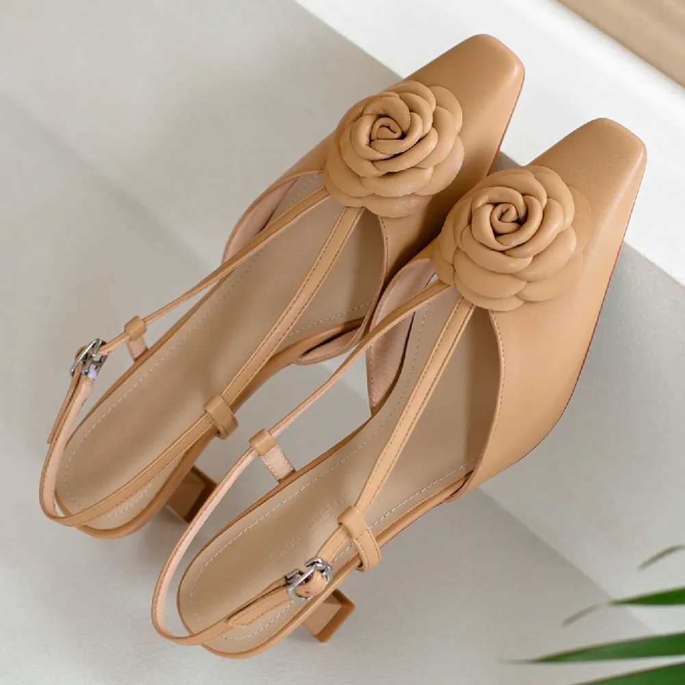 Warm leather high-heeled shoes toe slip back summer pump elegant womens slim daily dress sandals floral shoes Y250317