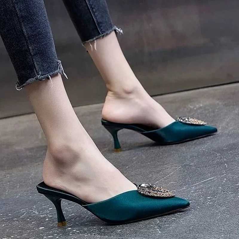 Slides Heeled Shoes Pointed Toe Knife Outside Rhenste Job Red Wens Slippers and Ladies Sandals Crystals Pvc S B W Luxury Y250317