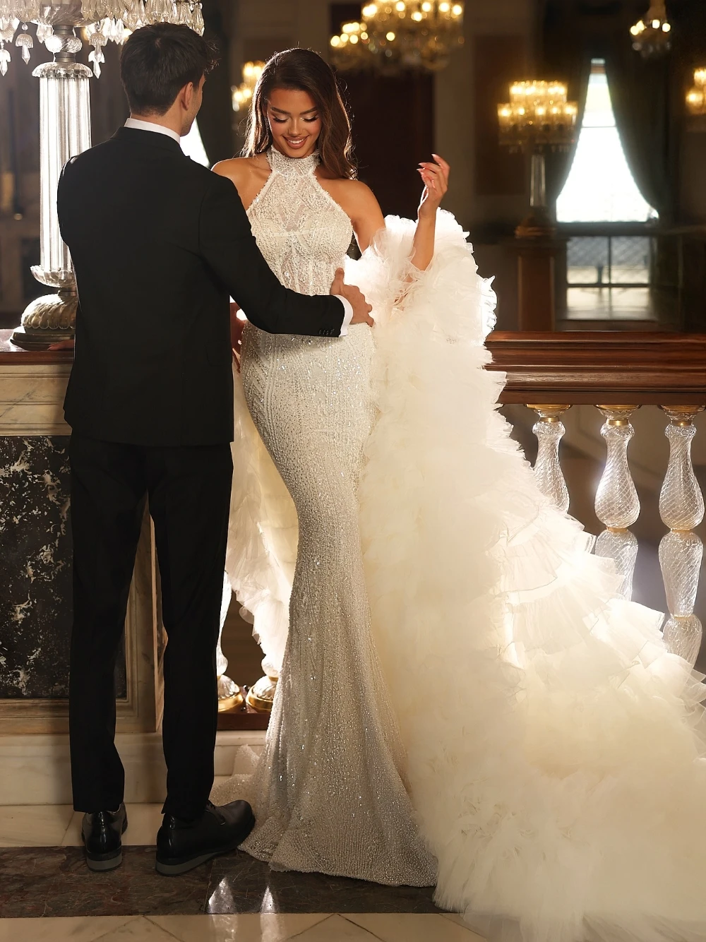 Gorgeous Mermaid Wedding Dress High Collar Sleeveless Bridal Gowns With Wrap Sequins Lace Sweep Train Dresses Custom Made vestidos de novia