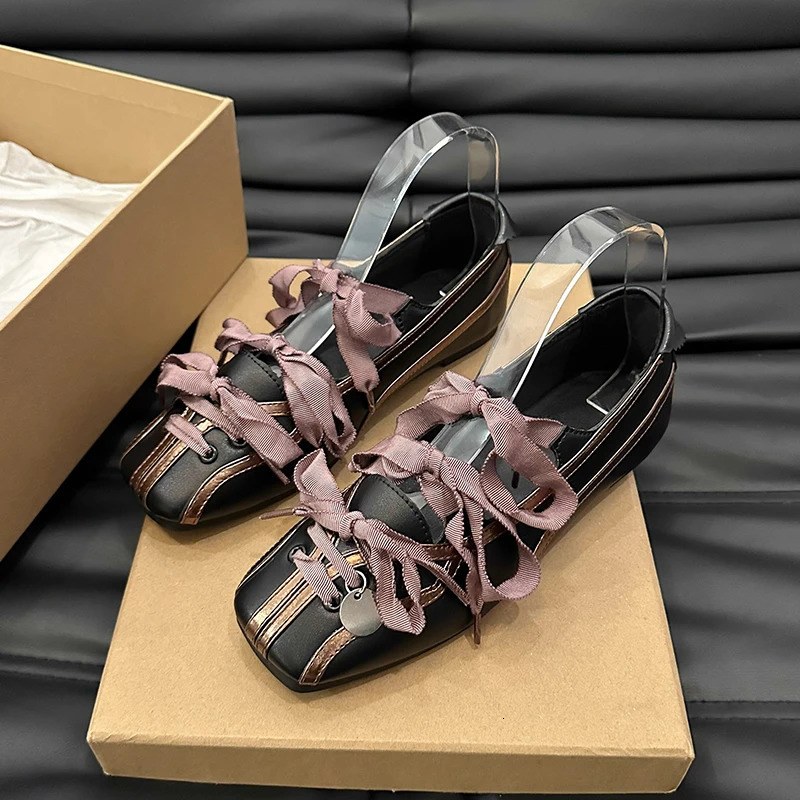 Spring Color Matching Mary Jane Shoes Small Square Bow Flat Shoes Lazy Slip-on Single Shoes 250318