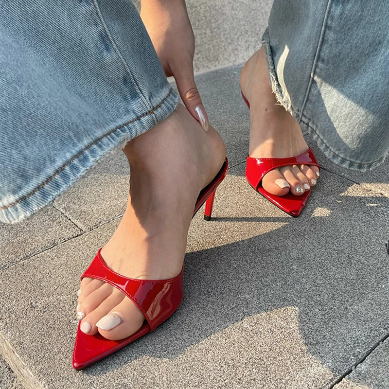 Liyke Summer Fashion Low Thin Heels Women Slippers Gladiator Sandals Cozy Patent Leather Pointed Toe Slip-On Slides Shoes Mules 250317