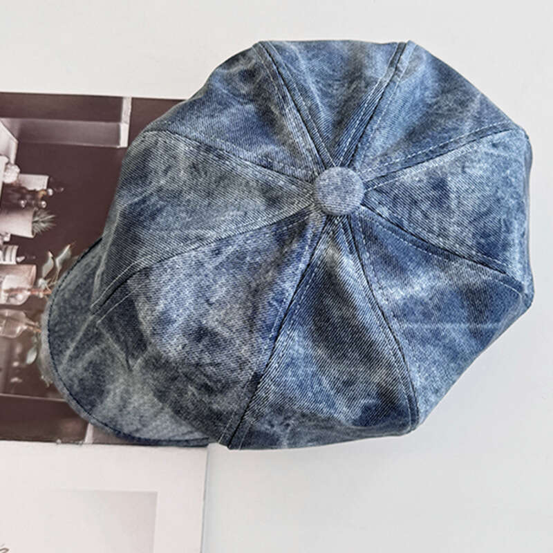 Blue tie dye octagonal for women with a prominent face, duckbill tongue, beret, big head circumference, children's hat, washed painter's hat