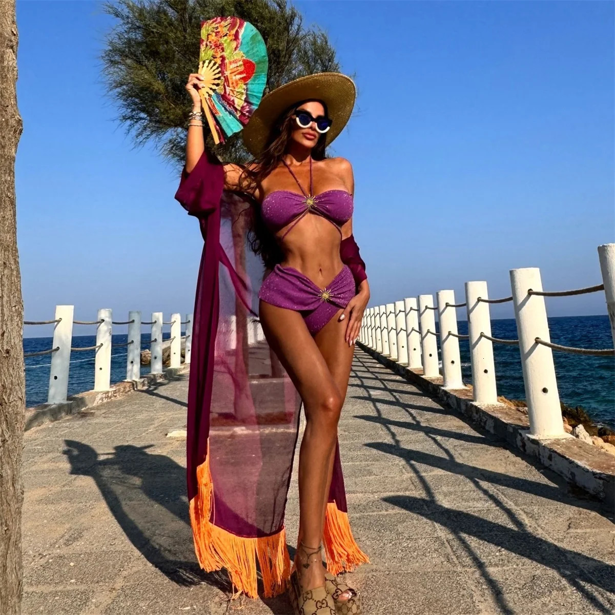 Sexy Shiny Sun Bikini Women Swimsuit 2025 High Waist Swim Suit Biquini Female Halter Swimming Wear Bathing Suit Female Beachwear 250318