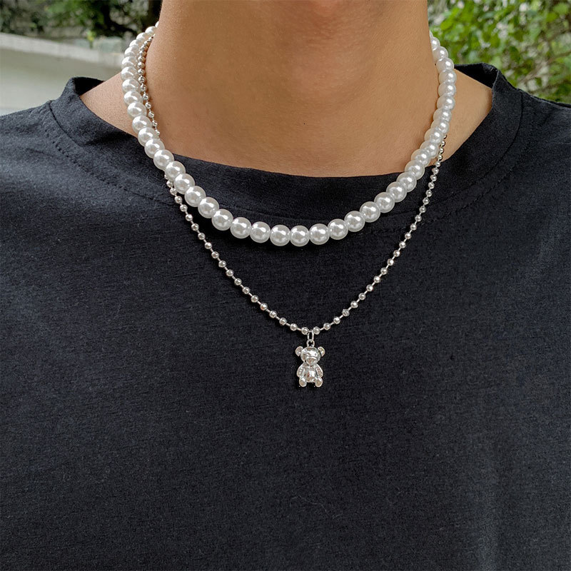 Imitation Pearl Bear Pendant Double Necklace Male Hip Hop Everything Collarbone Chain Choker Jewelry