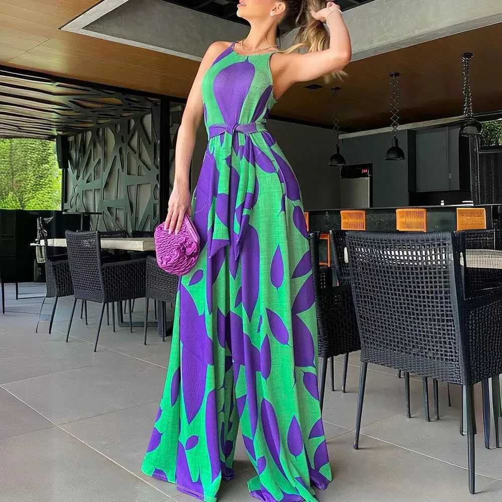 Womens jumpsuit one-piece printed round neck sleeveless loose fitting waist wide legs long pants lace jumpsuit X250318