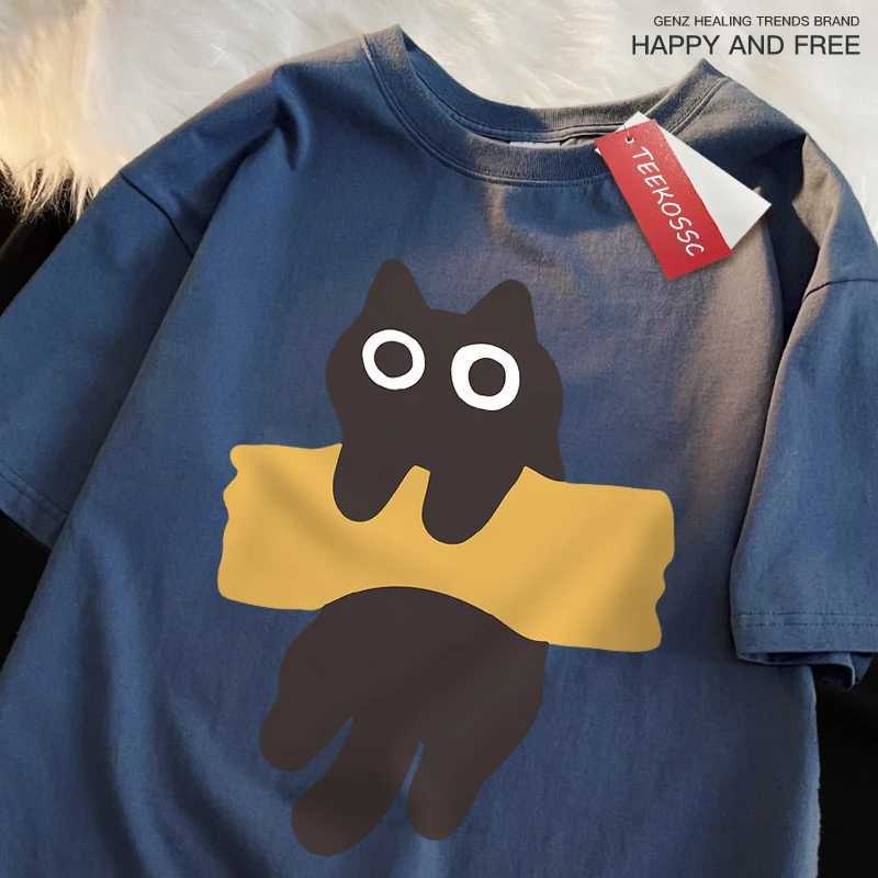 Interesting adhesive tape cat print Japanese style short sleeved mens and womens cotton oversized T-shirt O-neck new top teeT250318