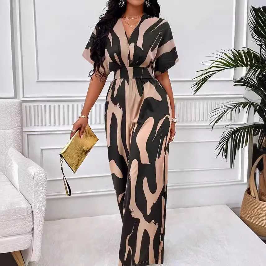 2024 Women Wide Leg Jumpsuit Spring Summer Fashion V Neck Short Slve High Waist Full Body Printed Jumpsuits Casual One X2503181