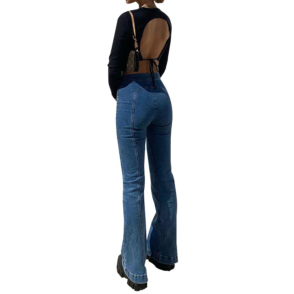 Women's Bell Bottom High Waisted Pull On Skinny Straight Fit Flare Denim Jeans