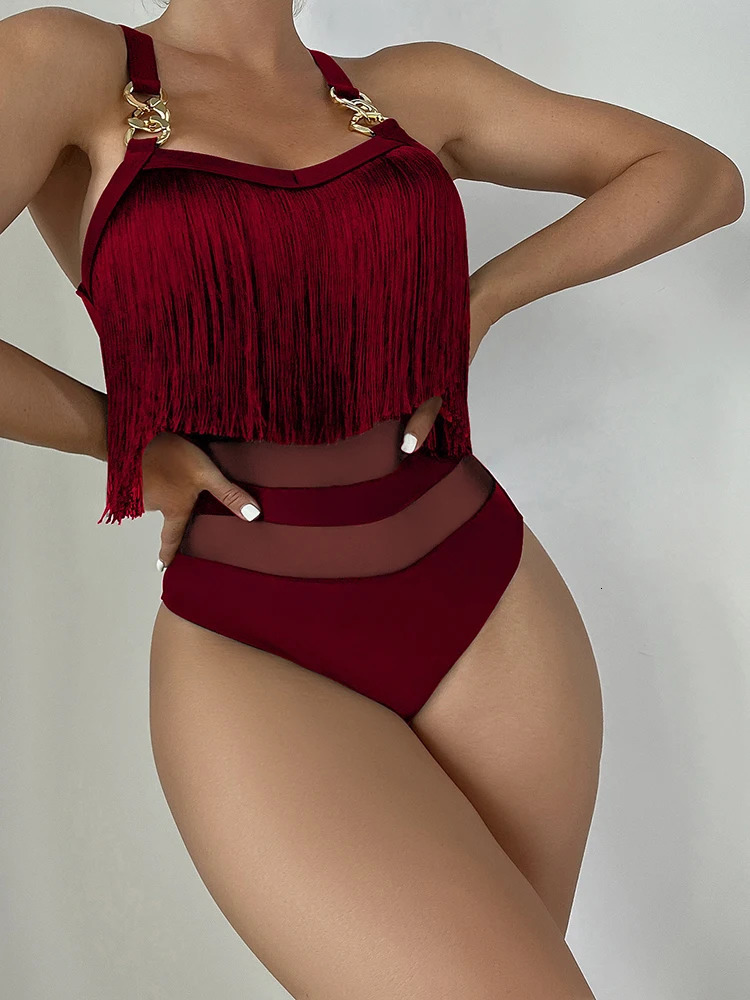 OIINAA fringe swimsuit womens beachwear onepiece spliced metal chain summer fashionable bikini 250314