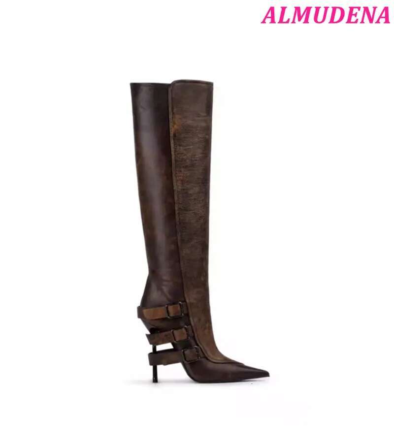 Vintage Sexy Metal Heels Leather Ankle Boots Women's Pointed Toe Buckled Zipper Knee High Boot Designer Black Shoes