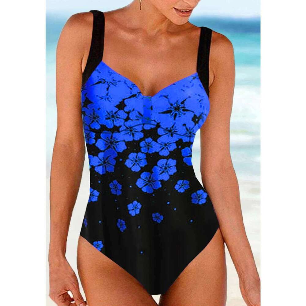 New high-quality summer women's shoulder strap swimsuit drifting plum blossom print seaside vacation one-piece swimsuit S-5XL