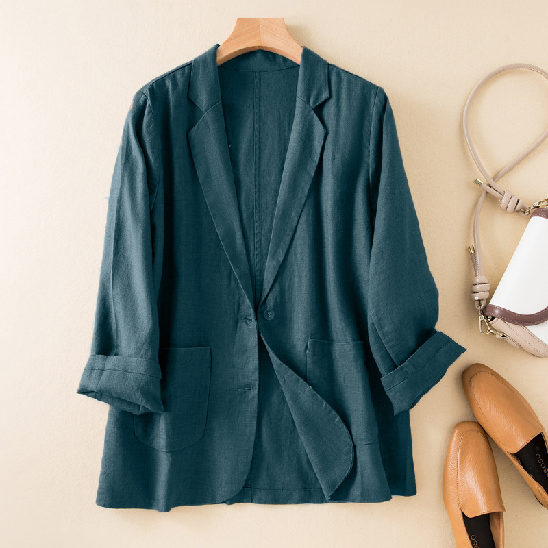 K318Stylish Female Cotton-Linen Coat for Transitional Seasons - Lightweight Long Sleeves Casual Outfit