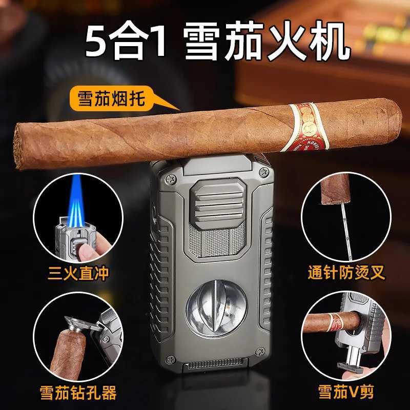 Multifunctional Three-jet Flame Direct Injection Cigar Lighter with Built-in V-shaped Cigar Cutter Portable Five-in-oneC250318