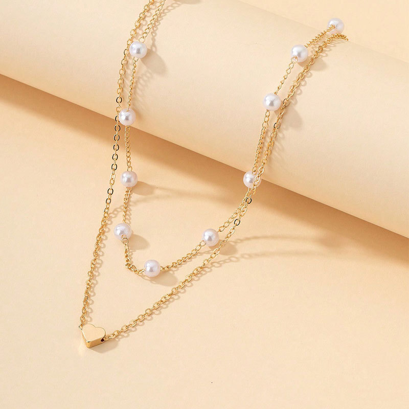 6mm Pearl Chain Love Pendant Double Necklace Women's Multi-layer Choker Collarbone Chain Jewelry