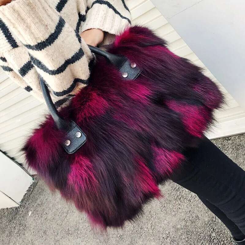 Fox Winter Women Fluffy Handbag Real Fur Female Shoulder Crossbody Evening Party Handbags Large Lady Clutch Bag